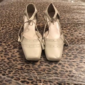 Women leather cream 2” heel with tassel straps